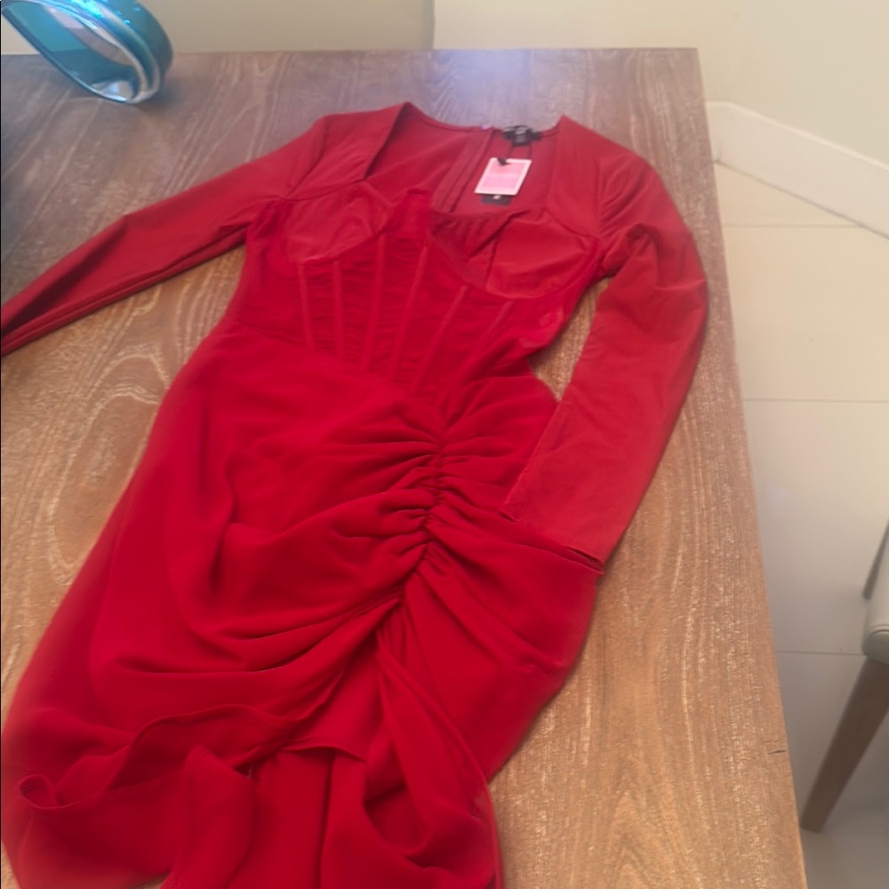 PrettyLittleThing Red Ruched Asymmetrical Bodycon Dress
